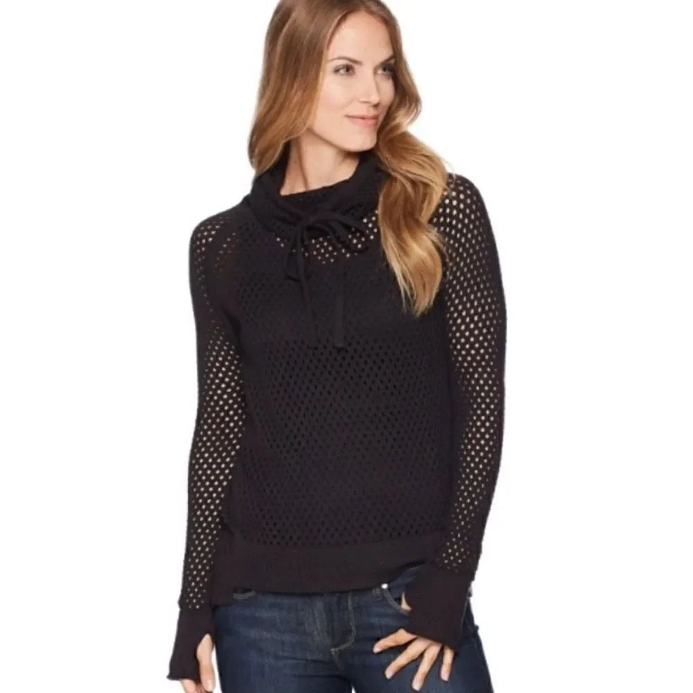 Prana Translucent Cowl Neck Sweater Open Knit Black NEW